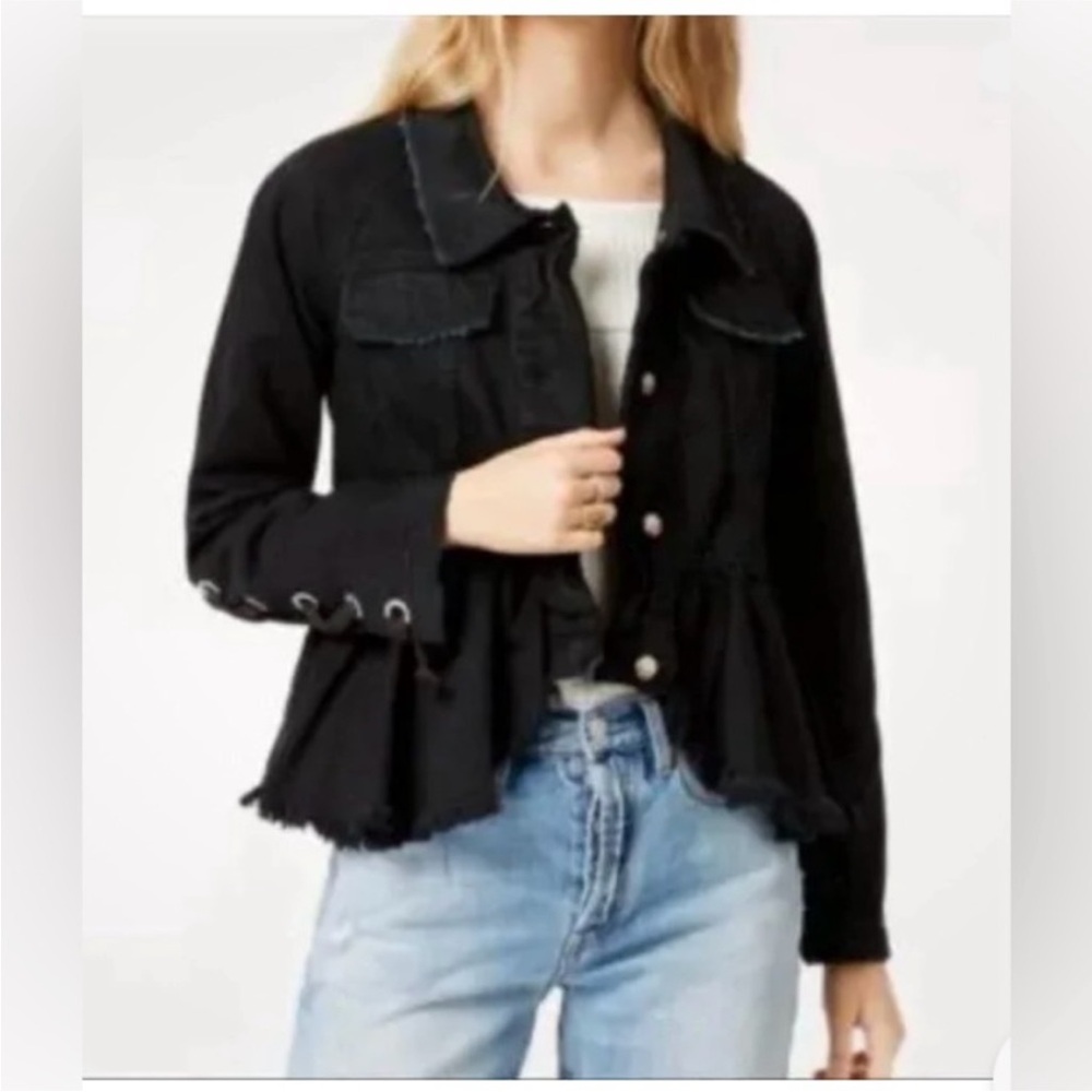 Free People Willow Denim Jacket Lace Up Cuff Ruffle Peplum Military. Small